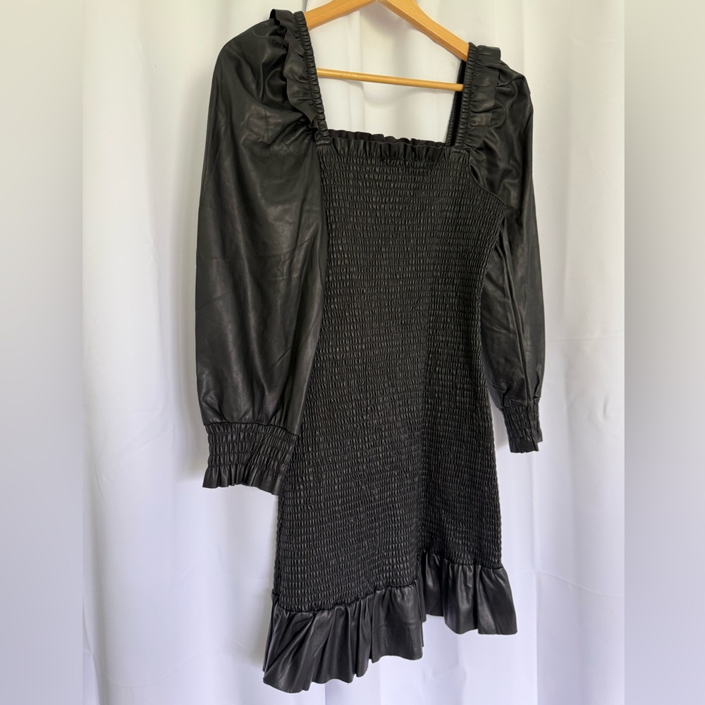 7 For All Mankind Black Faux Leather Smocked Dress